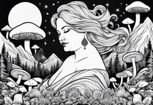 Older blonde fat woman no makeup surrounded by mushrooms mountains crescent moon background tattoo idea