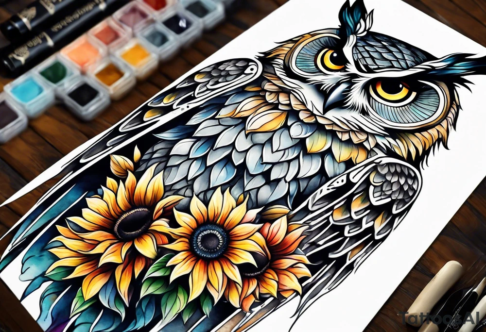 Leg sleeve with colorful sunflowers and an owl tattoo idea