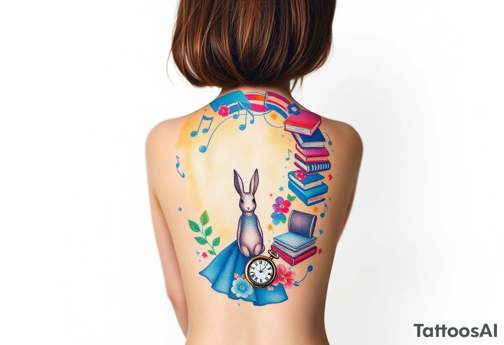 Back view of the silhouette of a brown hair girl in a blue dress. She is following a small white rabbit towards a magical colorful swirl of music notes, books, and flowers. A pocket watch is at the end of the swirl. tattoo idea