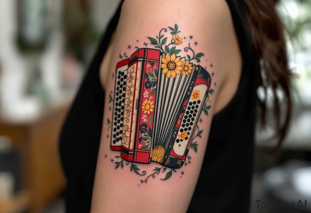 Accordion with Folk Motifs – A red and black accordion decorated with ornate folk-style floral patterns in greens and yellows, representing joy, tradition, and dancing spirit. tattoo idea