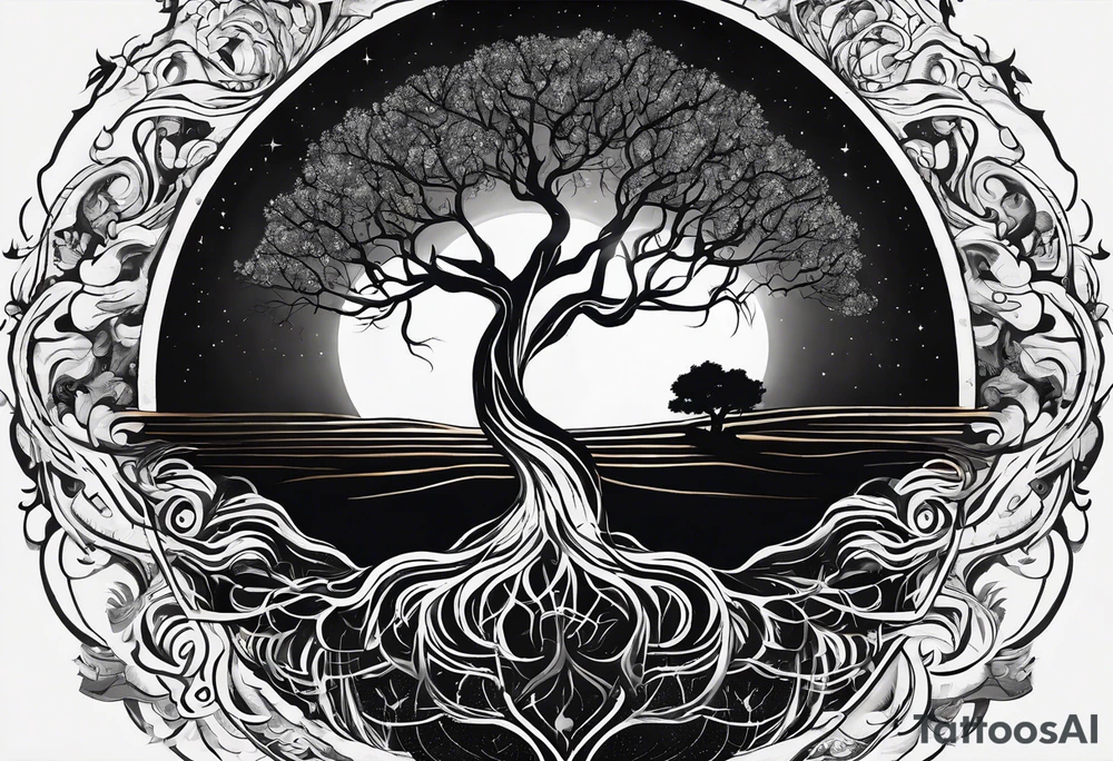 circle of life tree
the roots of the tree wrapped around a planet
the planet is below the tree
the roots of the tree are wrapped around the planet tattoo idea