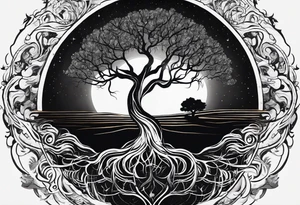 circle of life tree
the roots of the tree wrapped around a planet
the planet is below the tree
the roots of the tree are wrapped around the planet tattoo idea