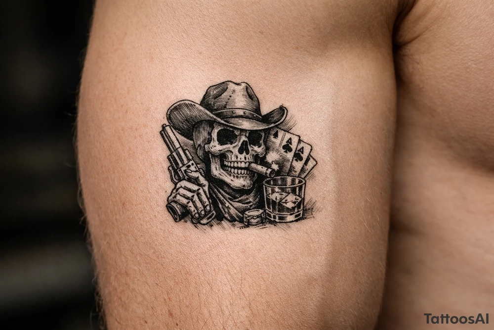 skull with cowboy-hat, cigar in his mouth, a gun in a hand, playing cards, whiskey-glass. tattoo idea