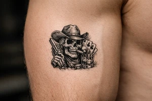 skull with cowboy-hat, cigar in his mouth, a gun in a hand, playing cards, whiskey-glass. tattoo idea