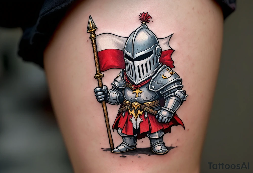 A knight in medieval armor holding a Czech flag, inspired by Hussite warriors, with battle-worn silver and red tones. tattoo idea