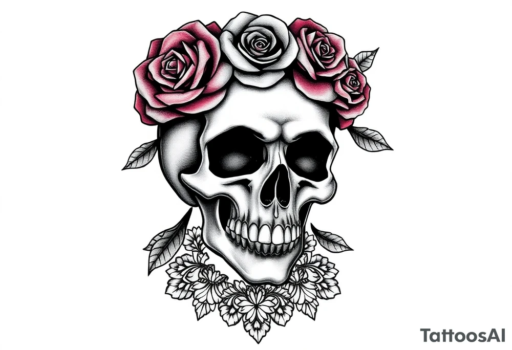 Bold vibrant gothic skull but also elegant and majestic wearing a rose crown also lace underneath tattoo idea