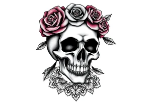 Bold vibrant gothic skull but also elegant and majestic wearing a rose crown also lace underneath tattoo idea
