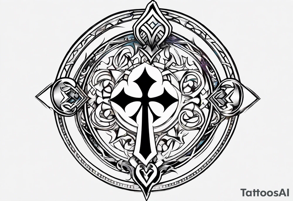 Kingdom Hearts symbol, keyblades, characters, worlds unite in intricate masterpiece. tattoo idea