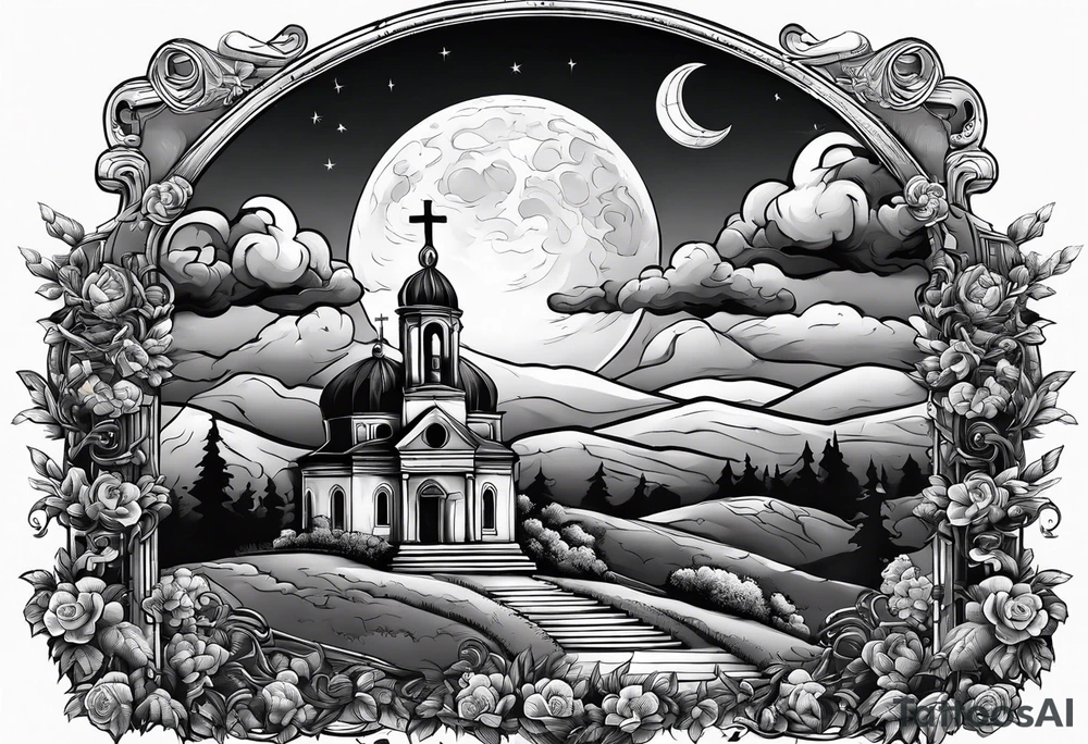 Graveyard with moon and greek church on hills with clouds tattoo idea