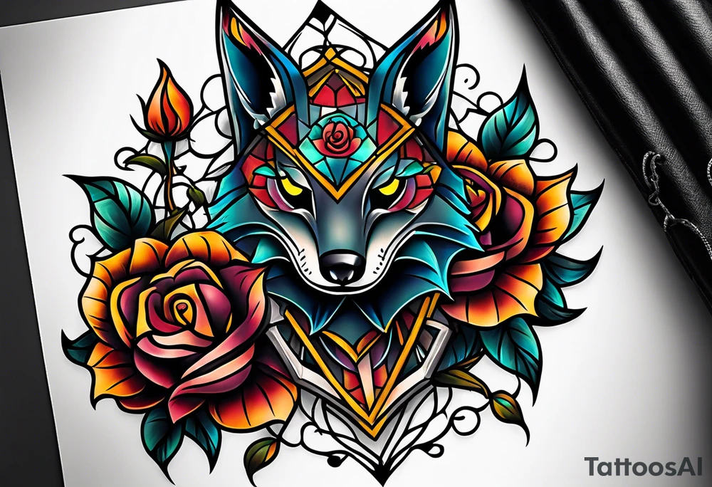 traditional Knee tattoo in fall colors with a Bat face and rose tattoo idea