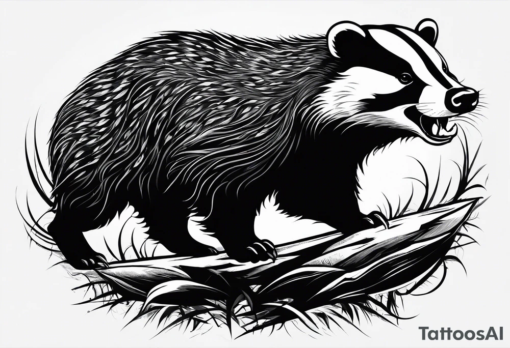 Draw me hunting badger with aggressive full body, killer face with a smile, very long nails and he attacks like a bloody gladiator to enemy and also, he has very deadly looking. The only weapon is his braveness he fights with his nails. Everybody scares after their first sight. And horror type Badger this is. tattoo idea