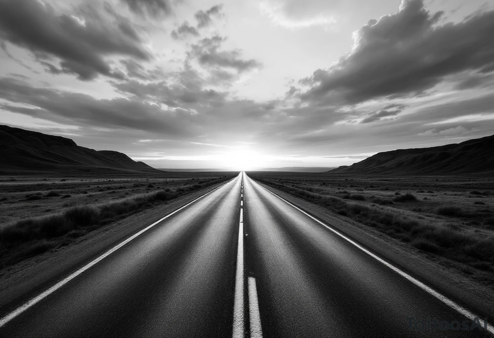 A grayscale open road disappearing into a sunset horizon reflects the freedom of journey. tattoo idea