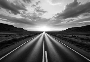 A grayscale open road disappearing into a sunset horizon reflects the freedom of journey. tattoo idea