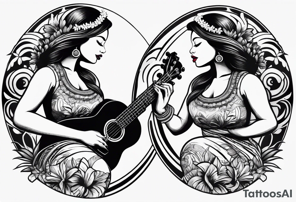 body of hula girl squating and dance with ukulele tattoo idea