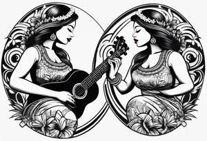 body of hula girl squating and dance with ukulele tattoo idea