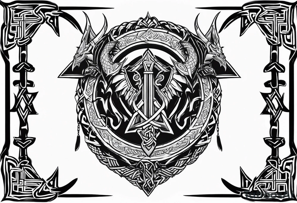 Valhalla sword shield dragon axe Valknut barbed wire chains tribal tattoo idea Valhalla sword shield dragon axe Valknut barbed wire chains tribal tattoo idea