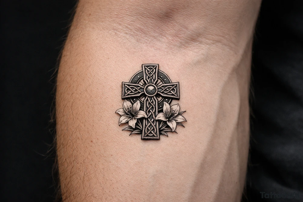 Celtic cross with Lillies memorial tattoo idea