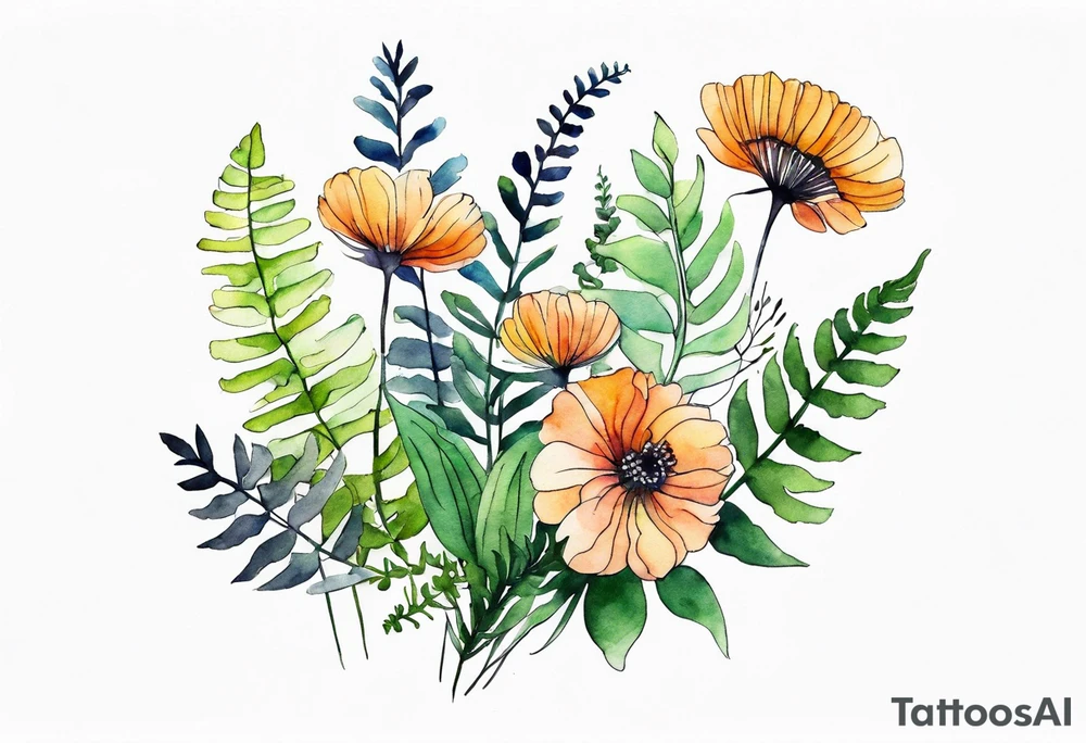 wild flowers long stems bouquet with ferns all watercolor tattoo idea