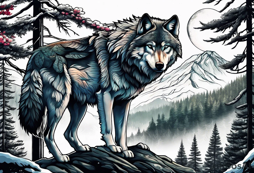 wolf mountain forest tattoo idea