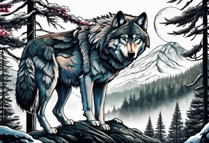 wolf mountain forest tattoo idea