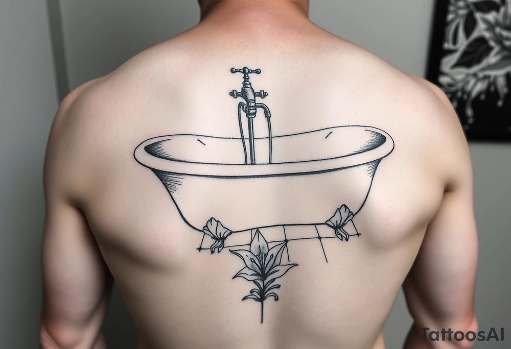 clawfoot bathtub with faucet on a tile floor and lily coming up out the floor tattoo idea