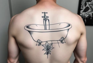clawfoot bathtub with faucet on a tile floor and lily coming up out the floor tattoo idea