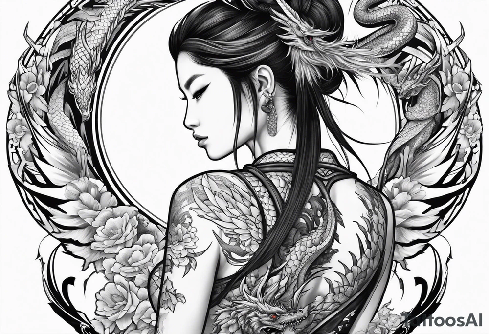 large back tattoo of warrior nymph with dragon tattoo idea