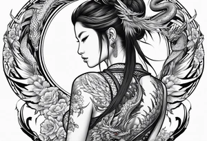 large back tattoo of warrior nymph with dragon tattoo idea