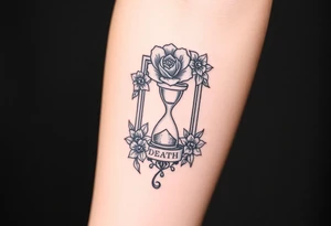 Death tarot card surrounded by a flower and hour glass tattoo idea