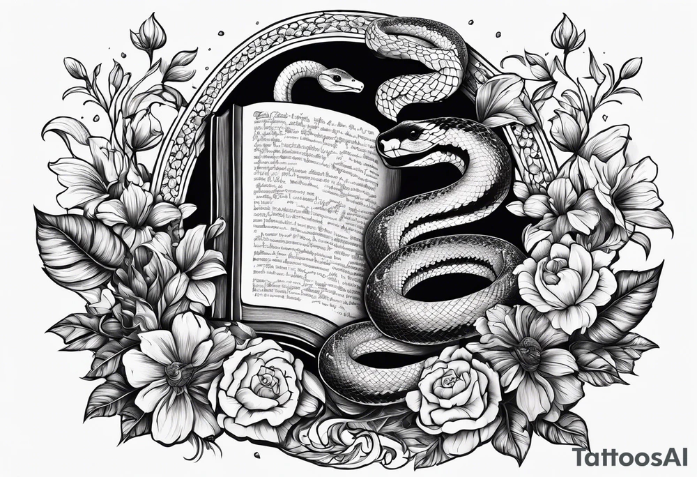 A snake and flowers around a bible verse in the middle tattoo idea