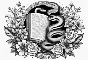 A snake and flowers around a bible verse in the middle tattoo idea