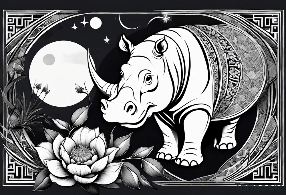 Very asymmetrical, +geometric pattern, with realistic full moon, with seeious looking hippo, +zen feel, + Buddhism touch,
with wintersweet flower bud, +portrait orientation, +inkart touch, tattoo idea