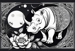 Very asymmetrical, +geometric pattern, with realistic full moon, with seeious looking hippo, +zen feel, + Buddhism touch,
with wintersweet flower bud, +portrait orientation, +inkart touch, tattoo idea