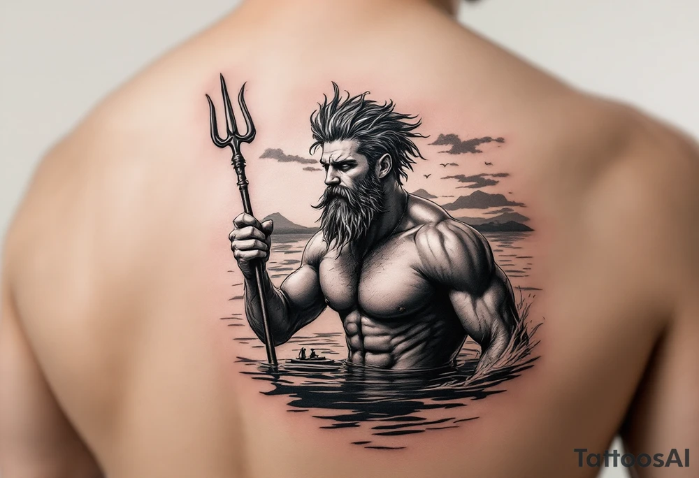 young, happy, fit, short hair, poseidon in calm water, holding a trident, drinking a beer, with sunset, with ski boat tattoo idea