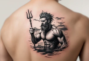 young, happy, fit, short hair, poseidon in calm water, holding a trident, drinking a beer, with sunset, with ski boat tattoo idea