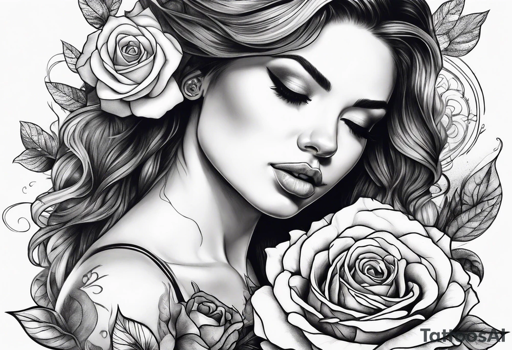 Bloomed rose with female body, kneeling tattoo idea