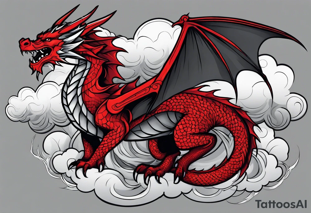 A red dragon emerging from the gray and black layered clouds in a sky where lightning flashes tattoo idea