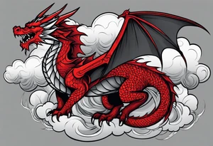 A red dragon emerging from the gray and black layered clouds in a sky where lightning flashes tattoo idea