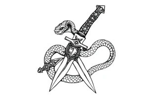 mystical snake coiled around an ancient dagger with jeweled hilt tattoo idea