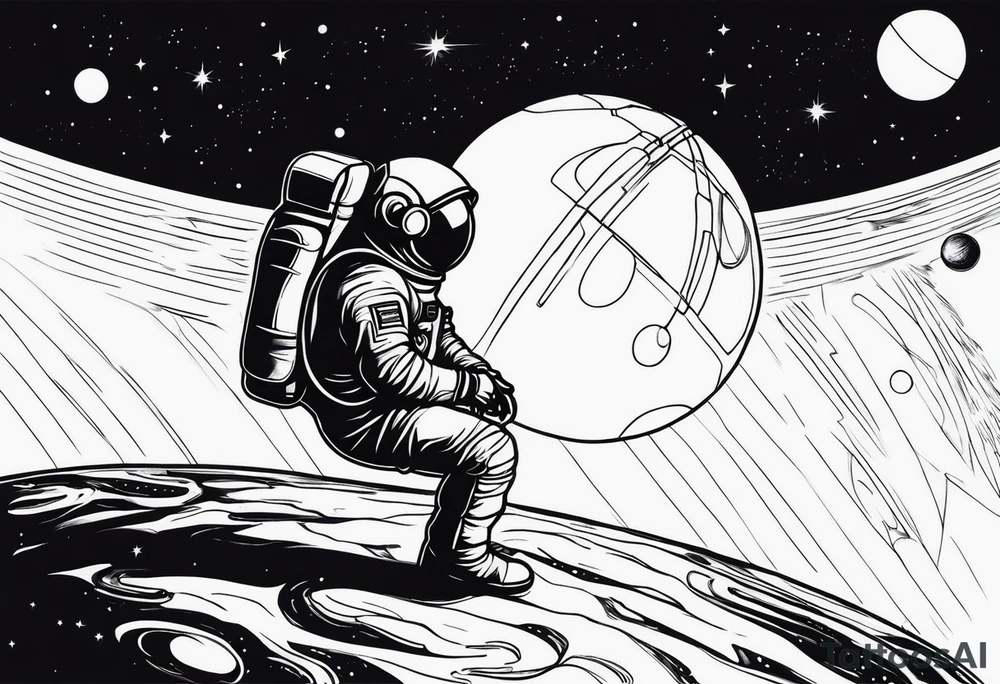an astronaut hunched over in space from the back holding a planet in his hands tattoo idea