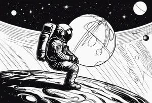an astronaut hunched over in space from the back holding a planet in his hands tattoo idea