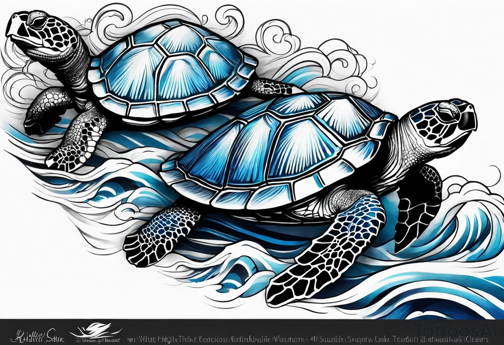 Full sleeve waves black with blue accents
3 turtles tattoo idea