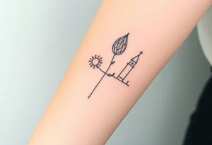 Nature tattoo mixing symbols of italy, Ireland, wales, and london in a linear, narrow for forearm tattoo with small pops of color tattoo idea