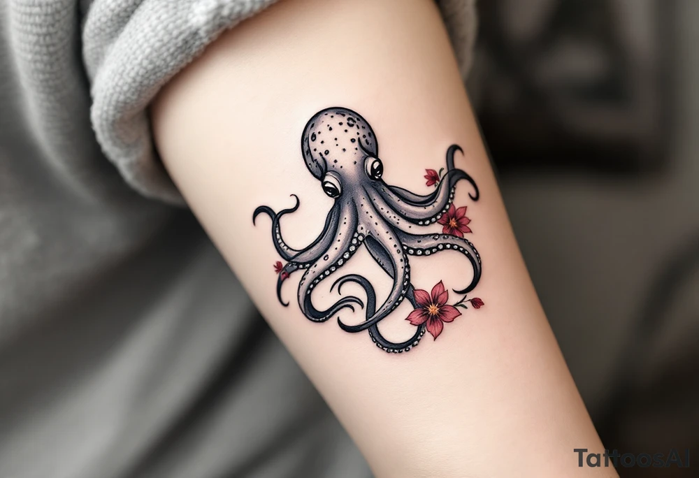 A small realistic black and grey tattoo of an octopus, cute, with detailed shading and soft linework, showing the octopus with swirling tentacles, on light skin. ornamental flowers around with red ink. The style is minimalistic and elegant, resembling fine-line tattoo with a shadow tattoo idea