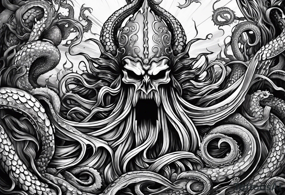 Kraken tentacles grabbing Poseidon thrusting trident into monster tattoo idea