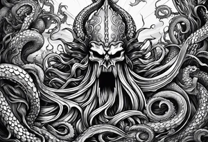 Kraken tentacles grabbing Poseidon thrusting trident into monster tattoo idea