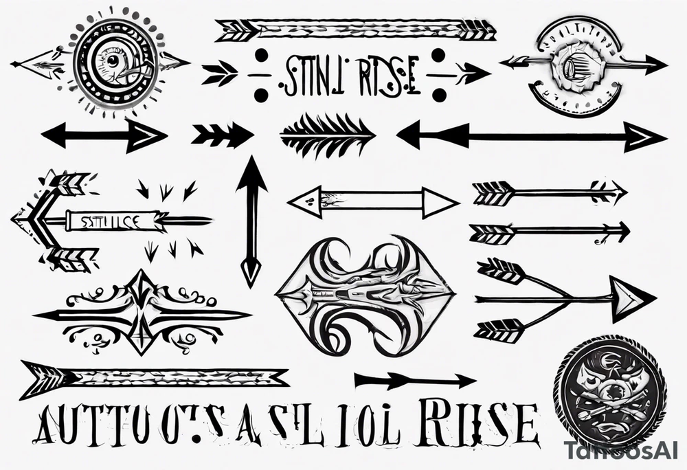 sentence “still I rise” an excellent font with arrow piercing through the letters on each end, thin dotted circle around the tattoo, but the arrows go past the circle tattoo idea