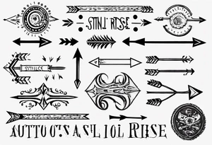 sentence “still I rise” an excellent font with arrow piercing through the letters on each end, thin dotted circle around the tattoo, but the arrows go past the circle tattoo idea