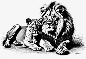 Realistic lion and lioness 
bonding add the date 09/22/2012 into the fur tattoo idea
