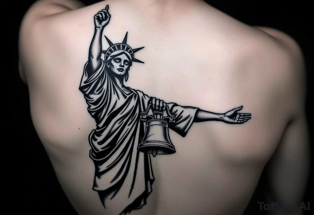 Black and grey tattoo design of Lady Liberty as a zombie, left arm outstretched, holding a cracked Liberty Bell resembling the bell from Metallica’s ‘For Whom the Bell Tolls’. Dark, gritty style with dramatic shadows, decayed and tattered robe details, gothic realism tattoo idea
